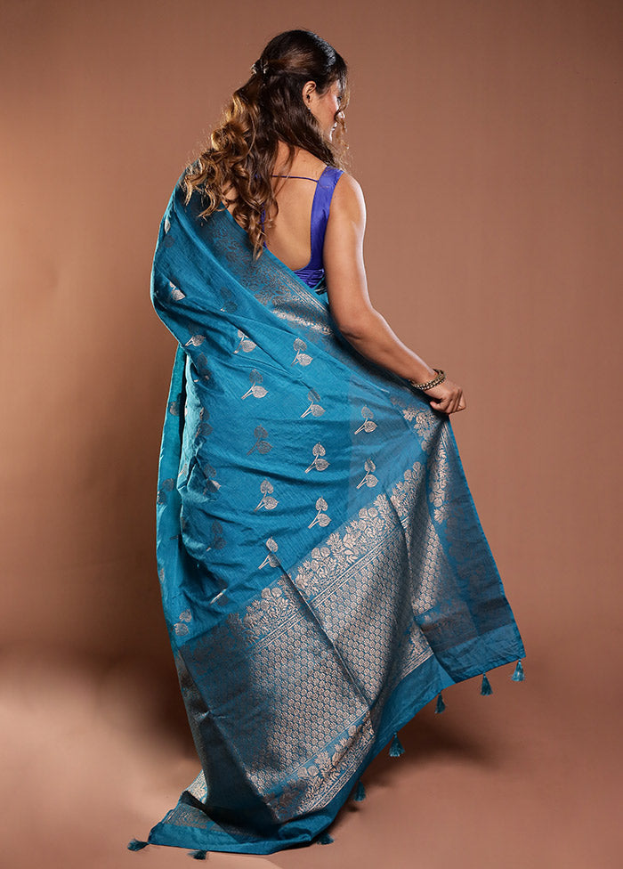 Blue Dupion Silk Saree With Blouse Piece