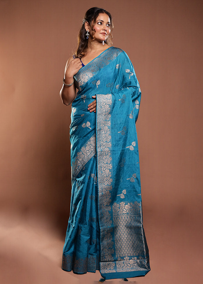 Blue Dupion Silk Saree With Blouse Piece