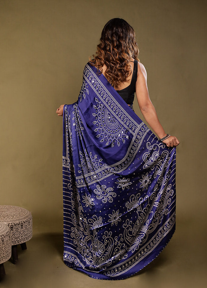 Blue Printed Silk Saree Without Blouse Piece