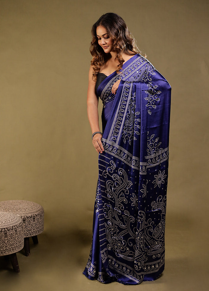 Blue Printed Silk Saree Without Blouse Piece