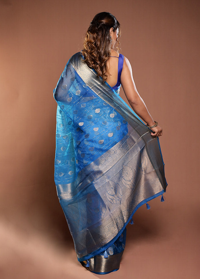 Blue Organza Saree With Blouse Piece