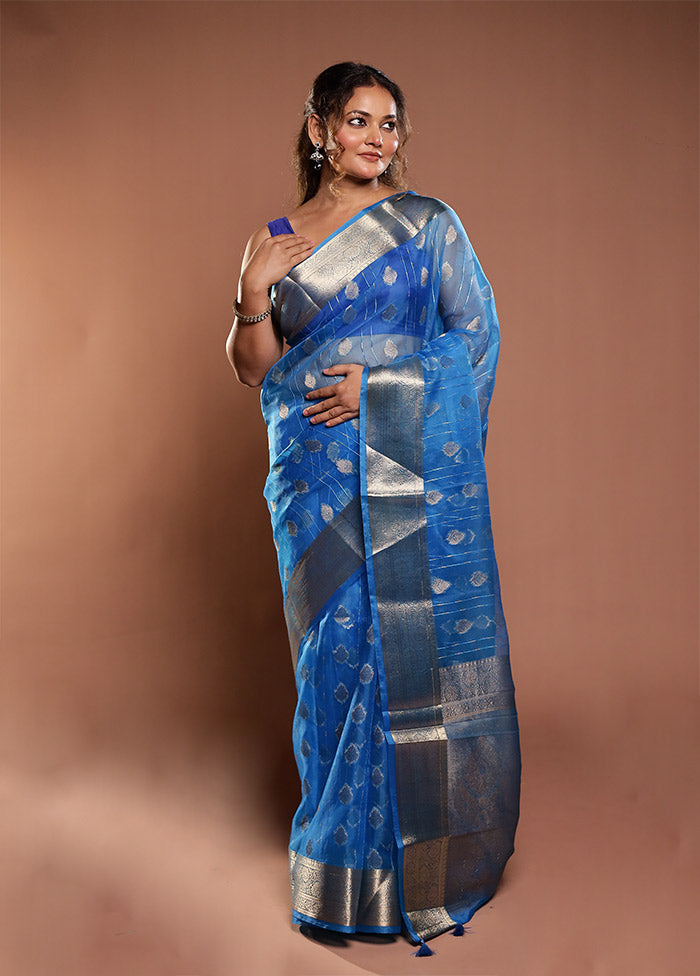 Blue Organza Saree With Blouse Piece