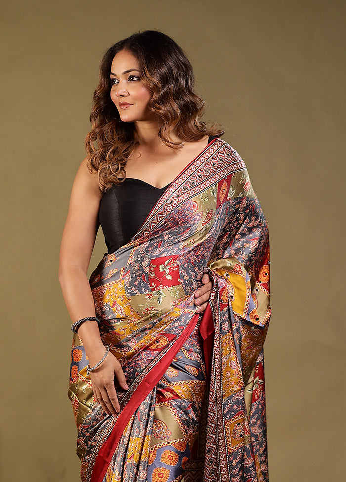 Grey Printed Silk Saree Without Blouse Piece