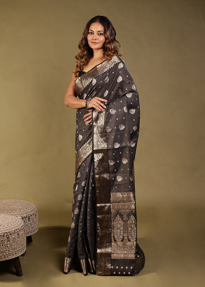 Black Dupion Silk Saree With Blouse Piece
