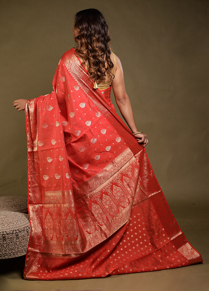 Red Dupion Silk Saree With Blouse Piece