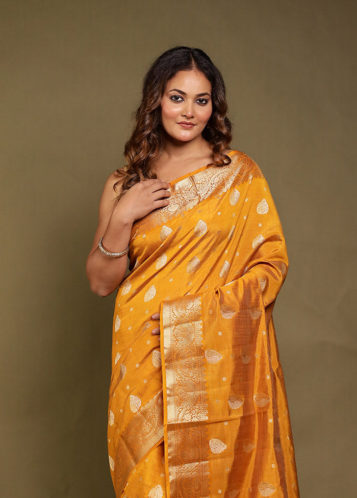 Yellow Dupion Silk Saree With Blouse Piece