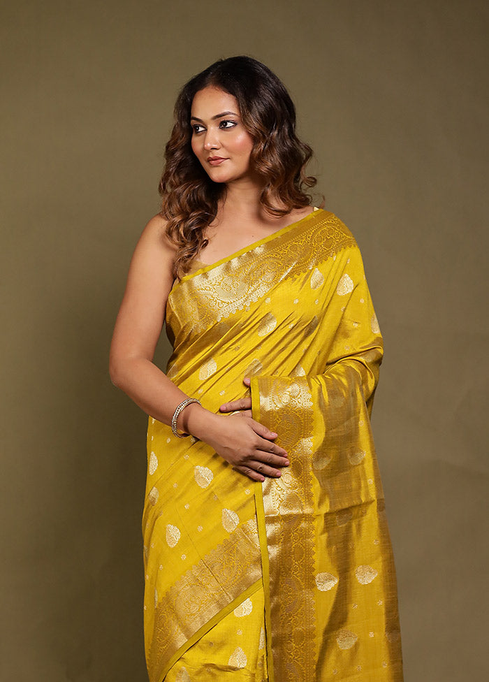 Yellow Dupion Silk Saree With Blouse Piece