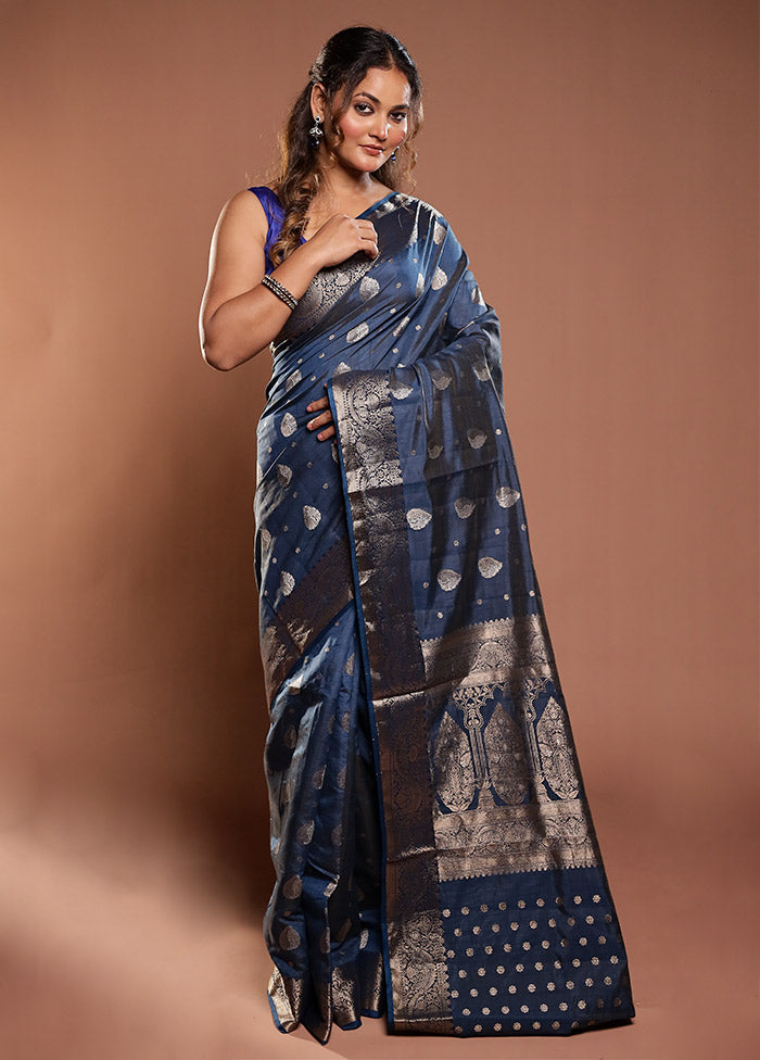 Blue Dupion Silk Saree With Blouse Piece