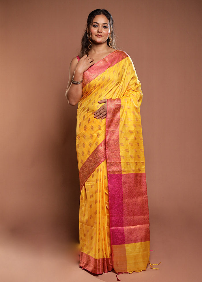 Yellow Dupion Silk Saree With Blouse Piece
