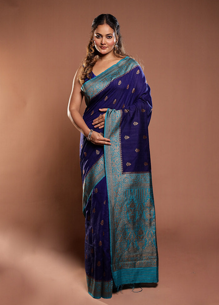 Blue Dupion Silk Saree With Blouse Piece