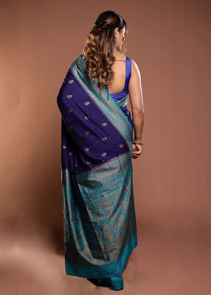 Blue Dupion Silk Saree With Blouse Piece
