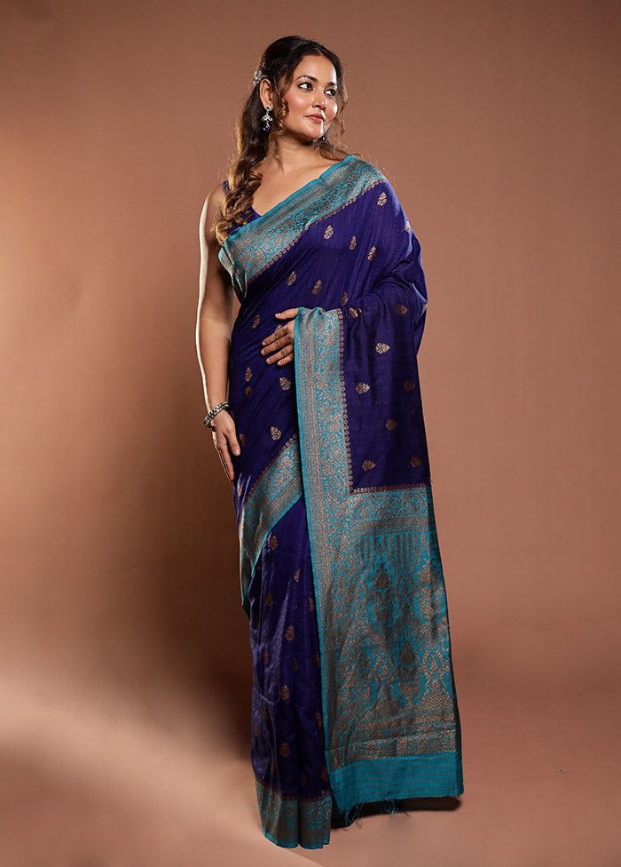 Blue Dupion Silk Saree With Blouse Piece