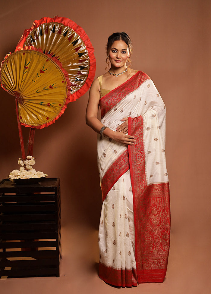 White Dupion Silk Saree With Blouse Piece