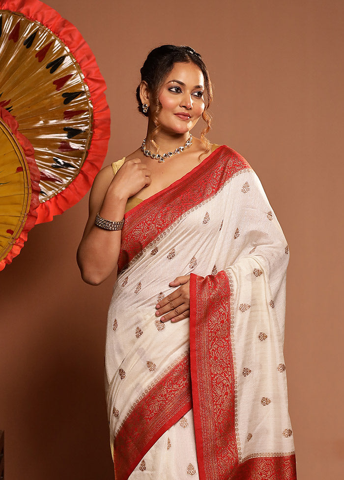 White Dupion Silk Saree With Blouse Piece