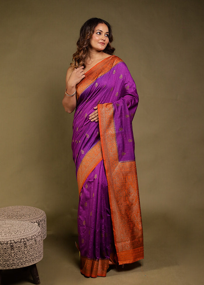 Purple Dupion Silk Saree With Blouse Piece