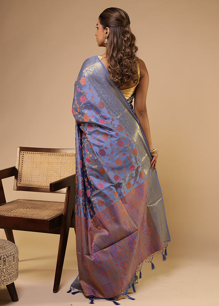 Blue Dupion Silk Saree With Blouse Piece