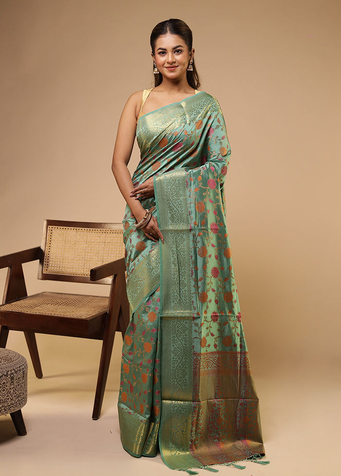 Green Dupion Silk Saree With Blouse Piece