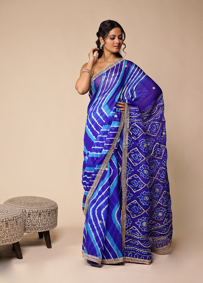 Blue Bandhej Saree With Blouse Piece