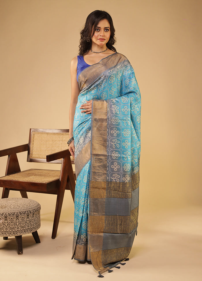 Blue Handloom Tissue Pure Silk Saree With Blouse Piece