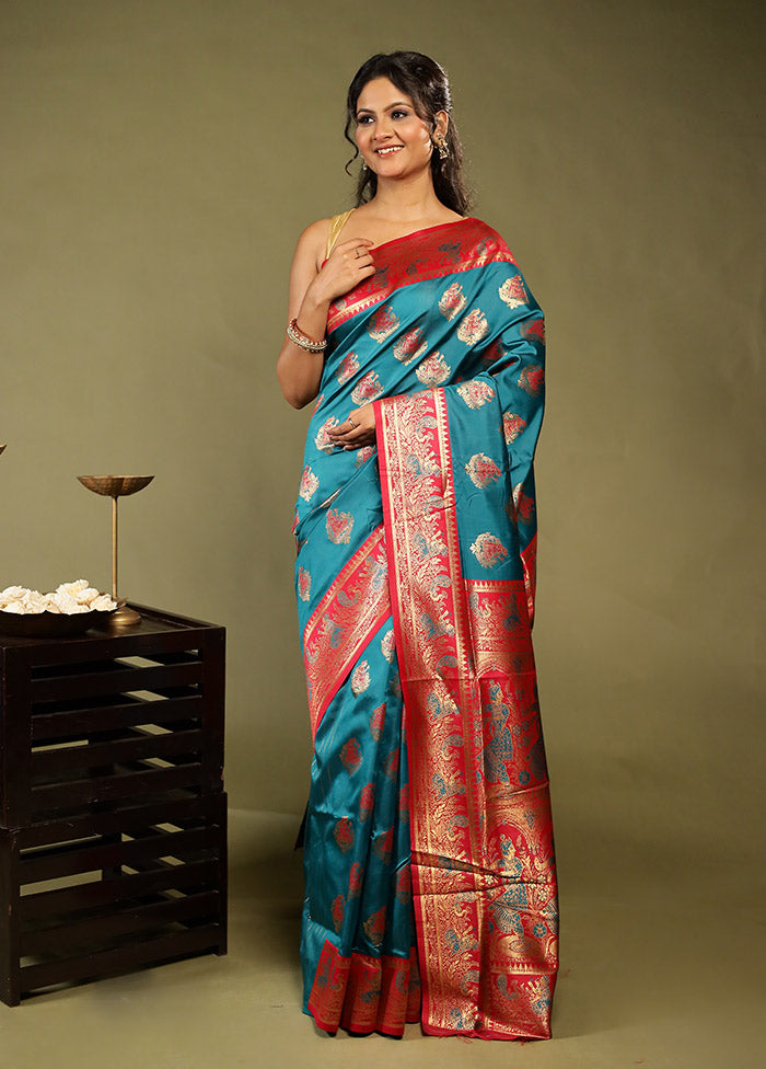 Blue Baluchari Silk Saree With Blouse Piece