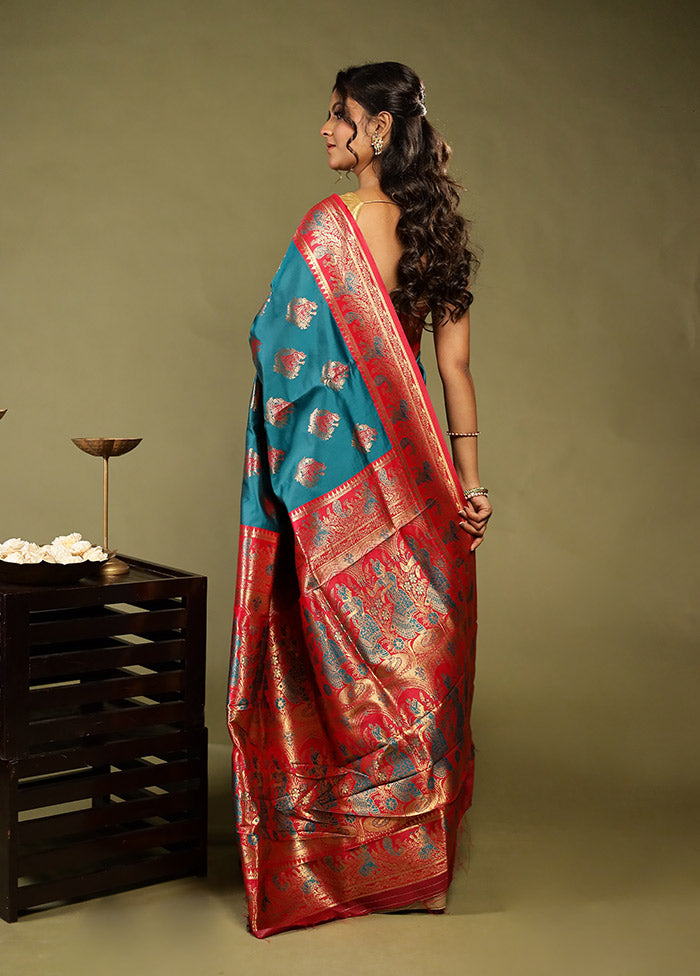 Blue Baluchari Silk Saree With Blouse Piece