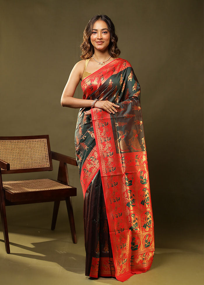 Green Baluchari Silk Saree With Blouse Piece