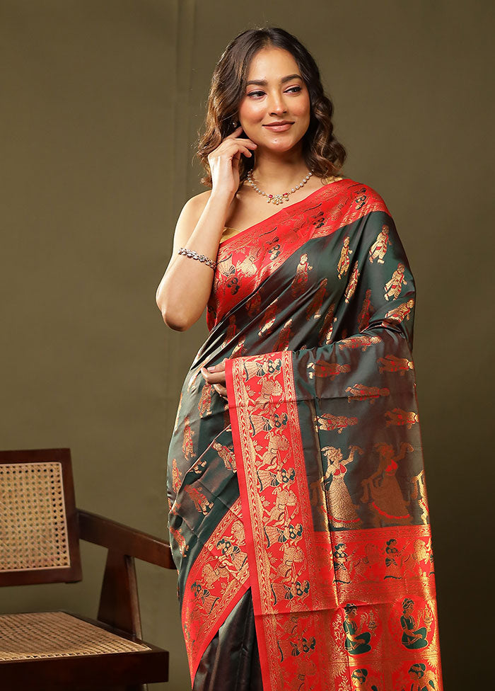 Green Baluchari Silk Saree With Blouse Piece