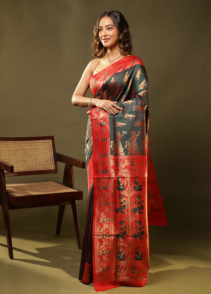 Green Baluchari Silk Saree With Blouse Piece