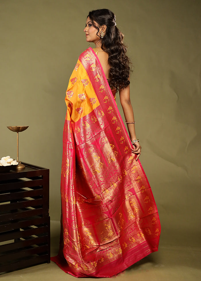 Yellow Baluchari Silk Saree With Blouse Piece