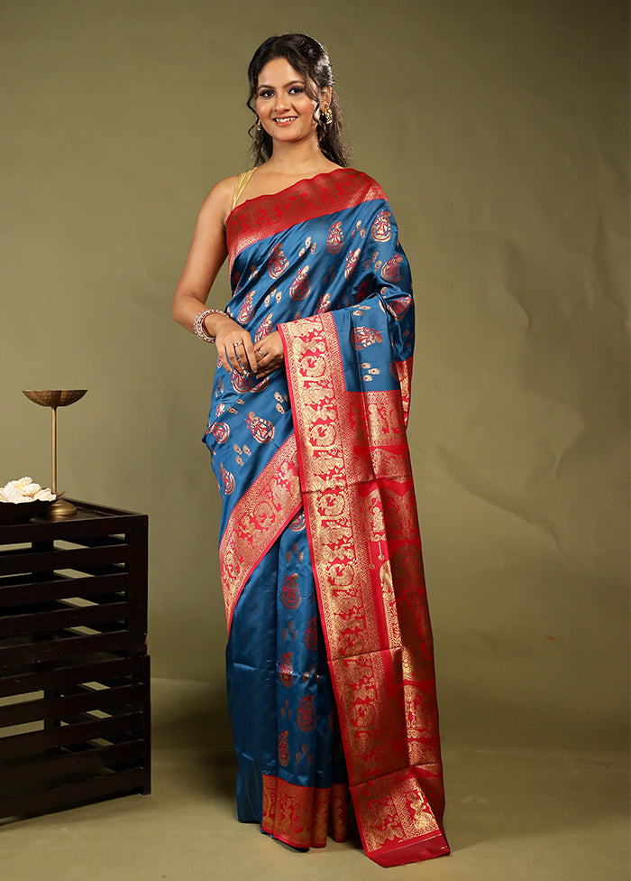 Blue Baluchari Silk Saree With Blouse Piece