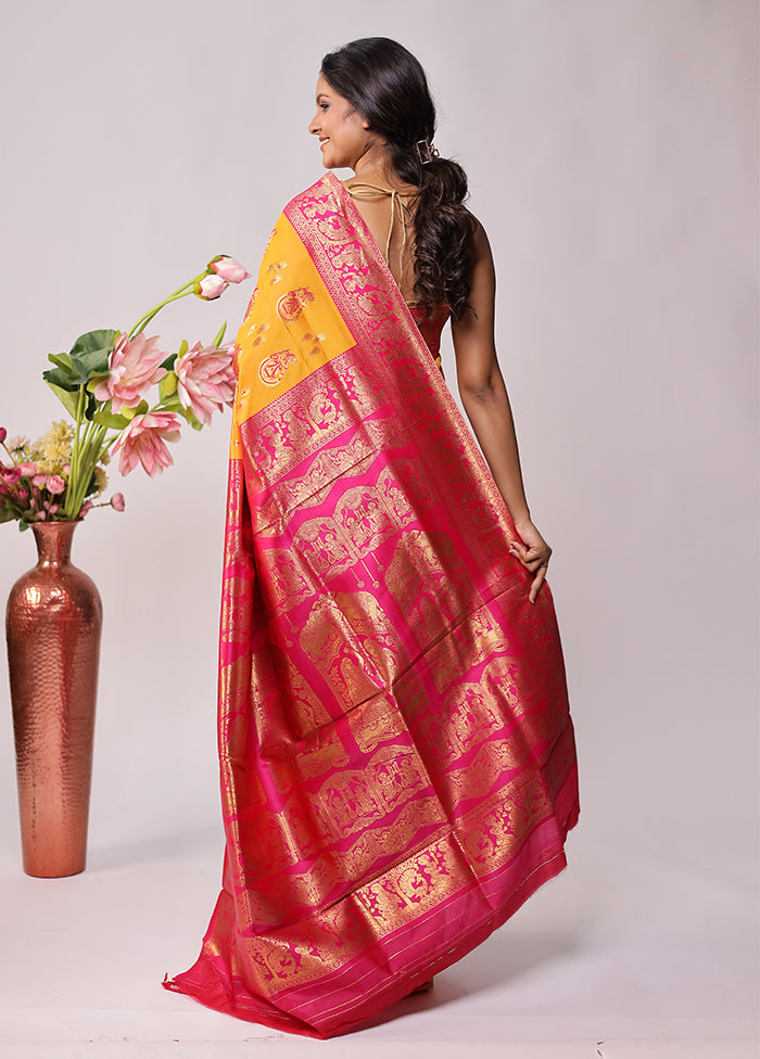 Yellow Baluchari Silk Saree With Blouse Piece