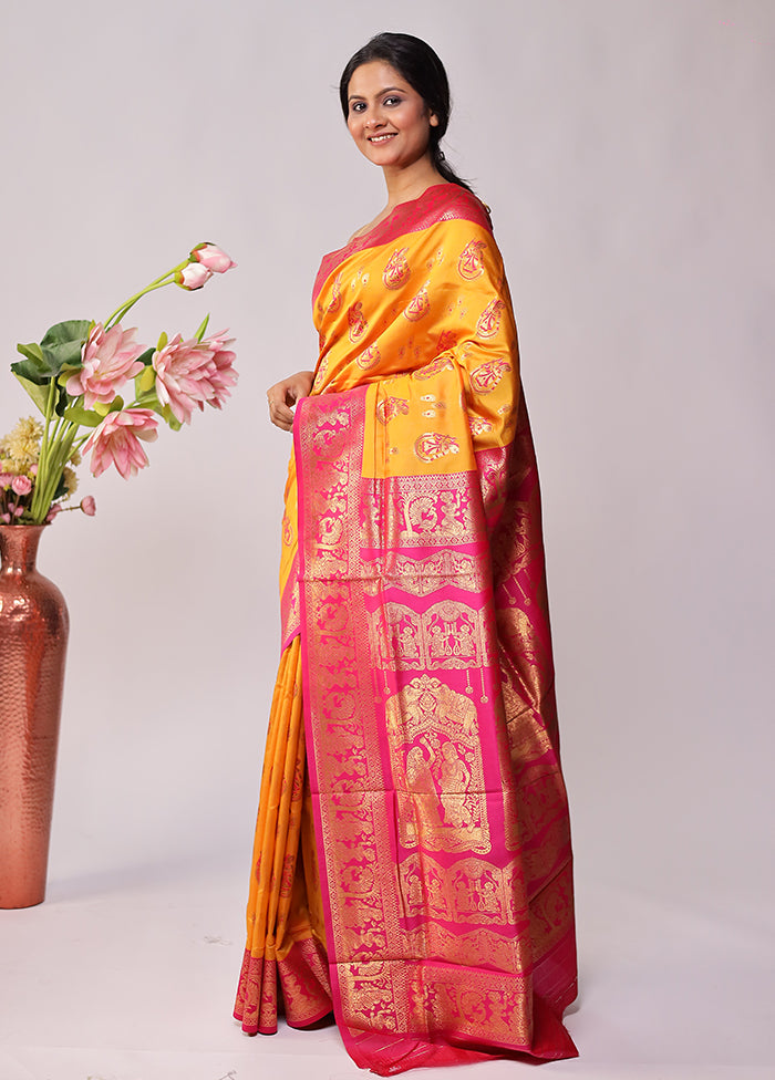 Yellow Baluchari Silk Saree With Blouse Piece