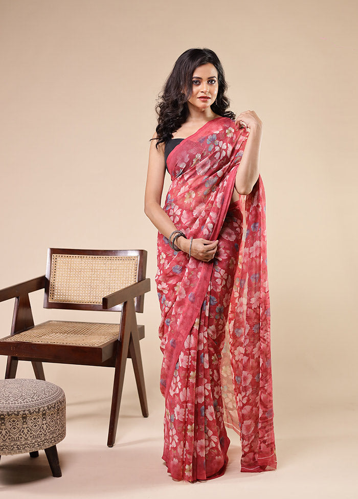 Pink Chiffon Silk Saree With Blouse Piece