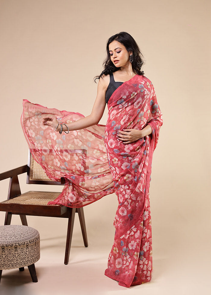 Pink Chiffon Silk Saree With Blouse Piece