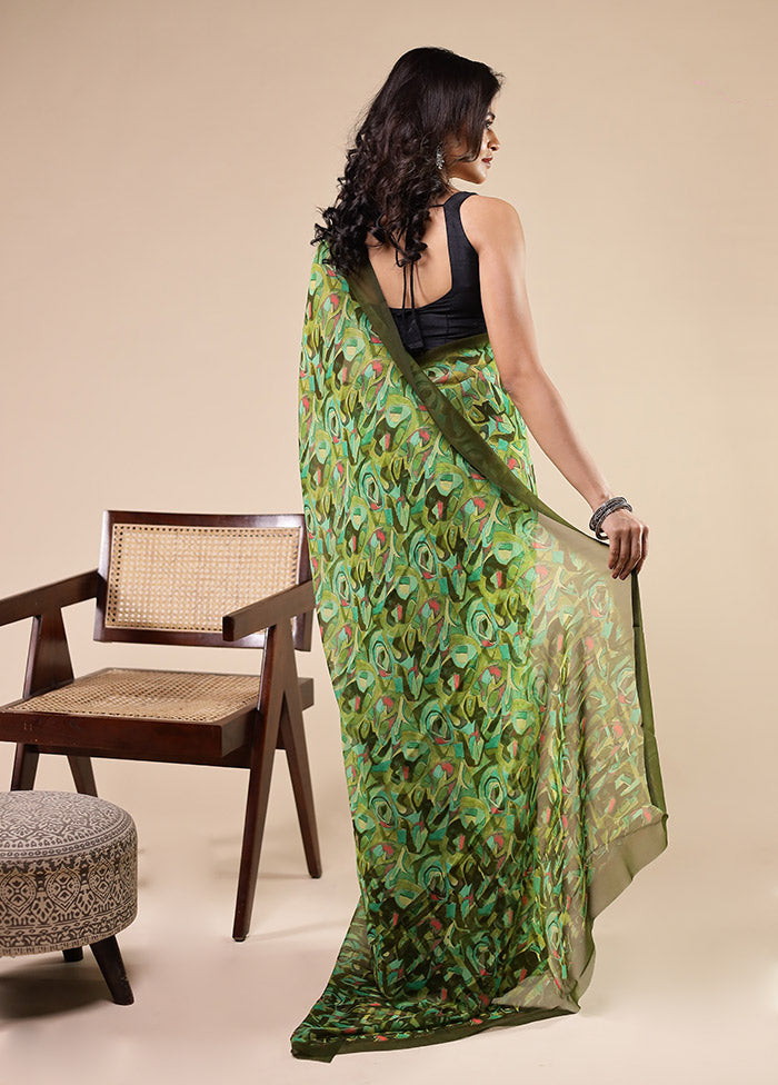 Green Chiffon Silk Saree With Blouse Piece