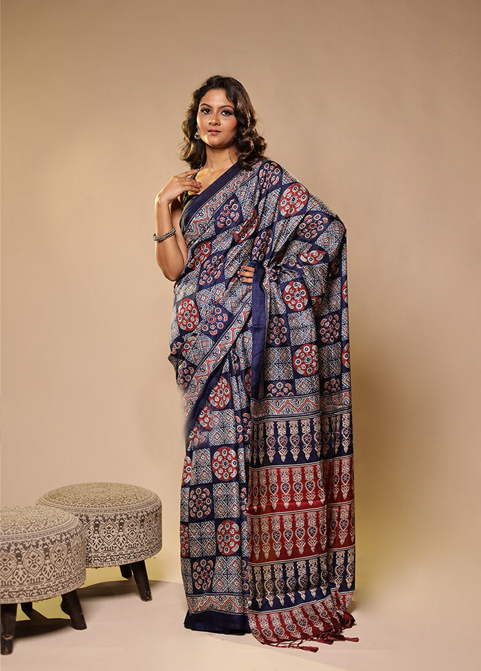 Shubh Labh Jodi – Blue Printed Silk Saree & Black Silk Kurta Set