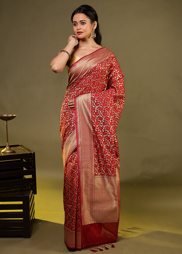 Maroon Kora Silk Saree With Blouse Piece