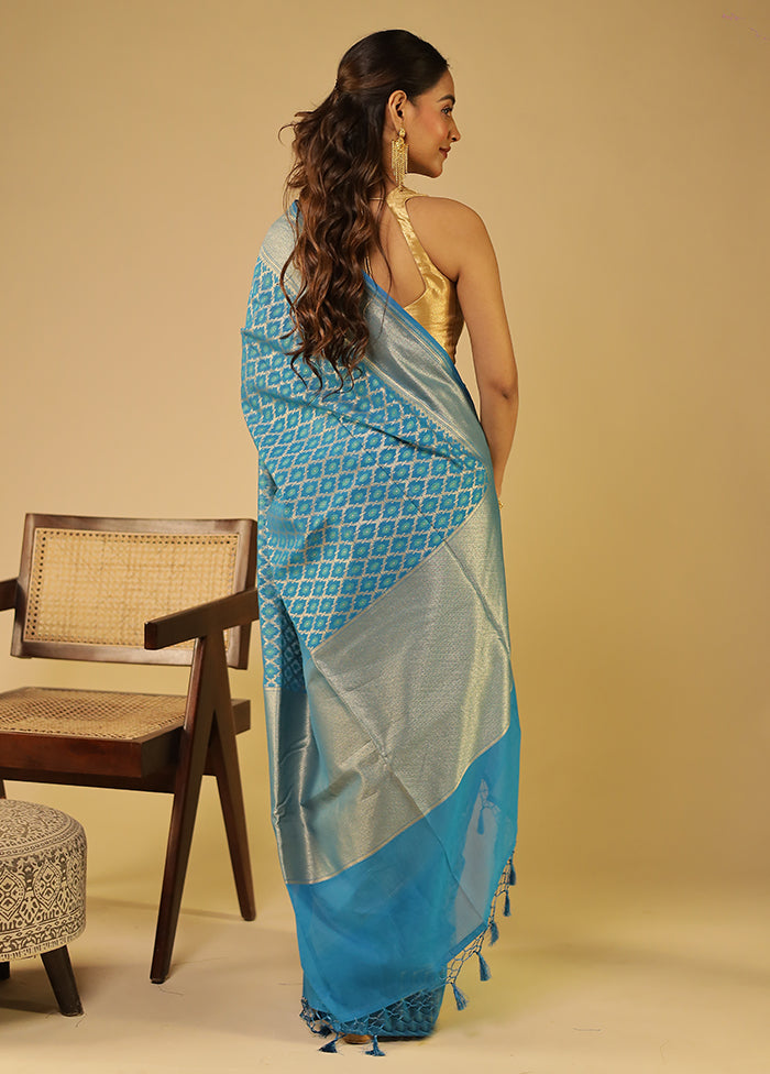 Blue Kora Silk Saree With Blouse Piece