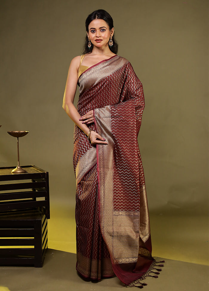 Maroon Kora Silk Saree With Blouse Piece