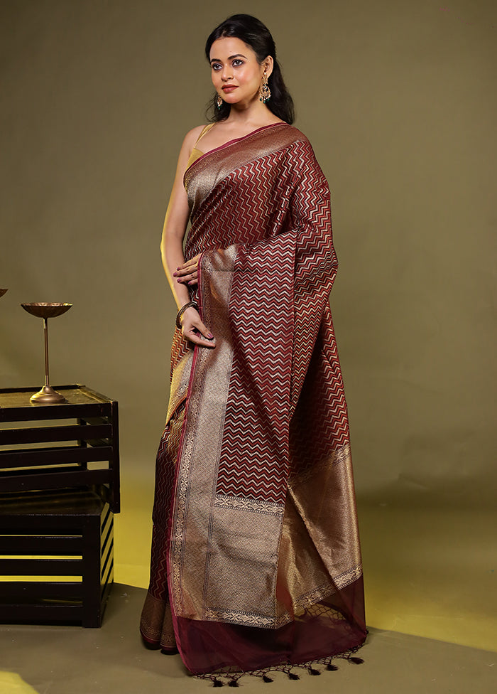 Maroon Kora Silk Saree With Blouse Piece