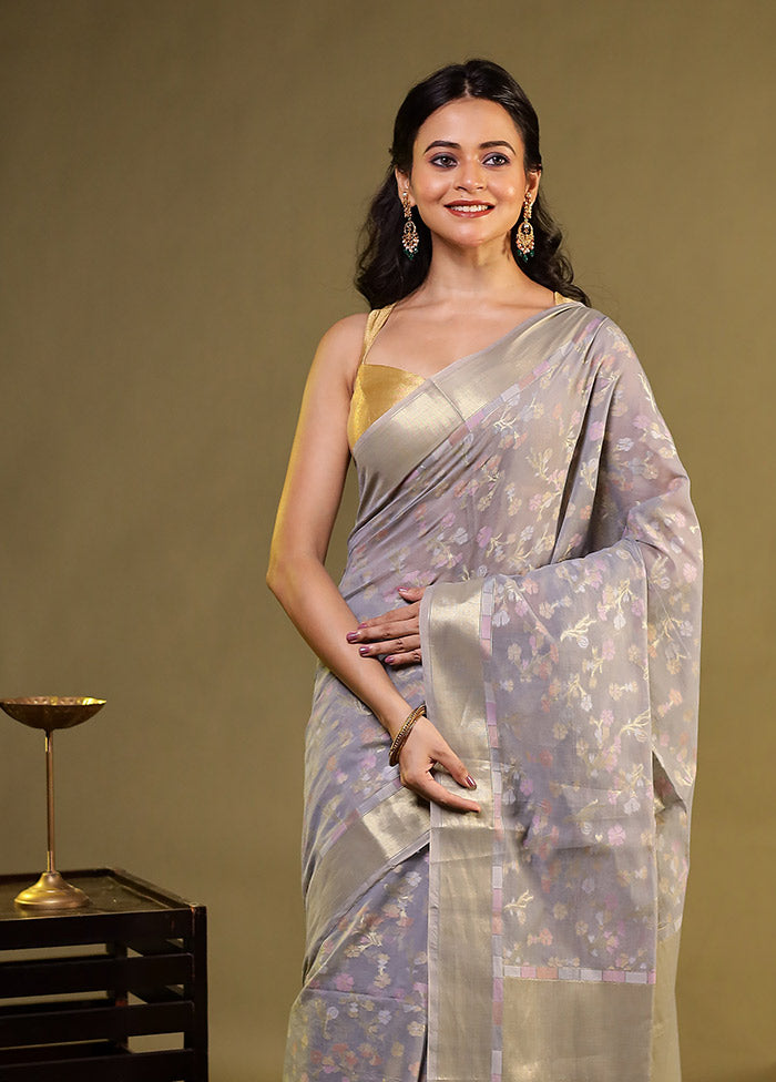 Grey Kora Silk Saree With Blouse Piece