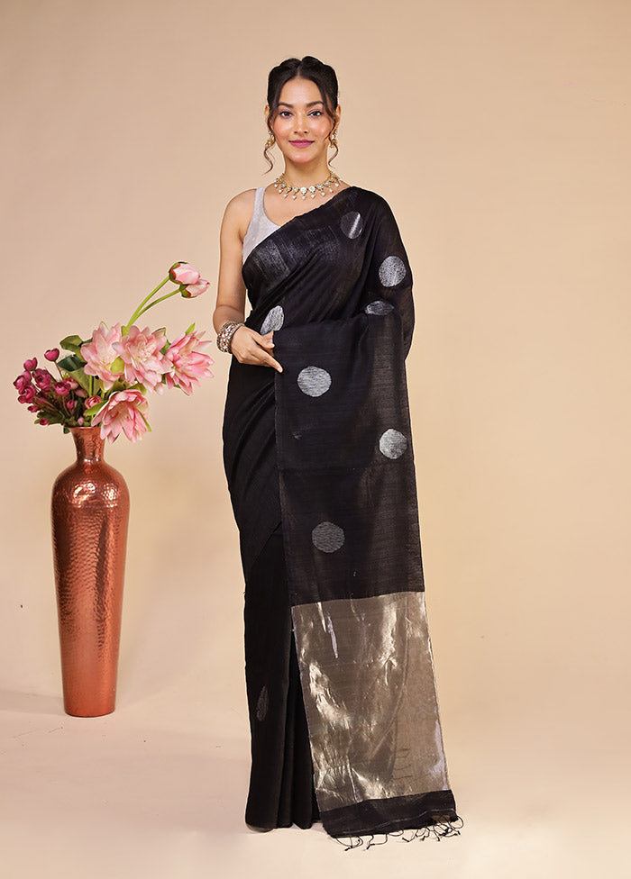 Black Handloom Matka Pure Silk Saree With Blouse Piece