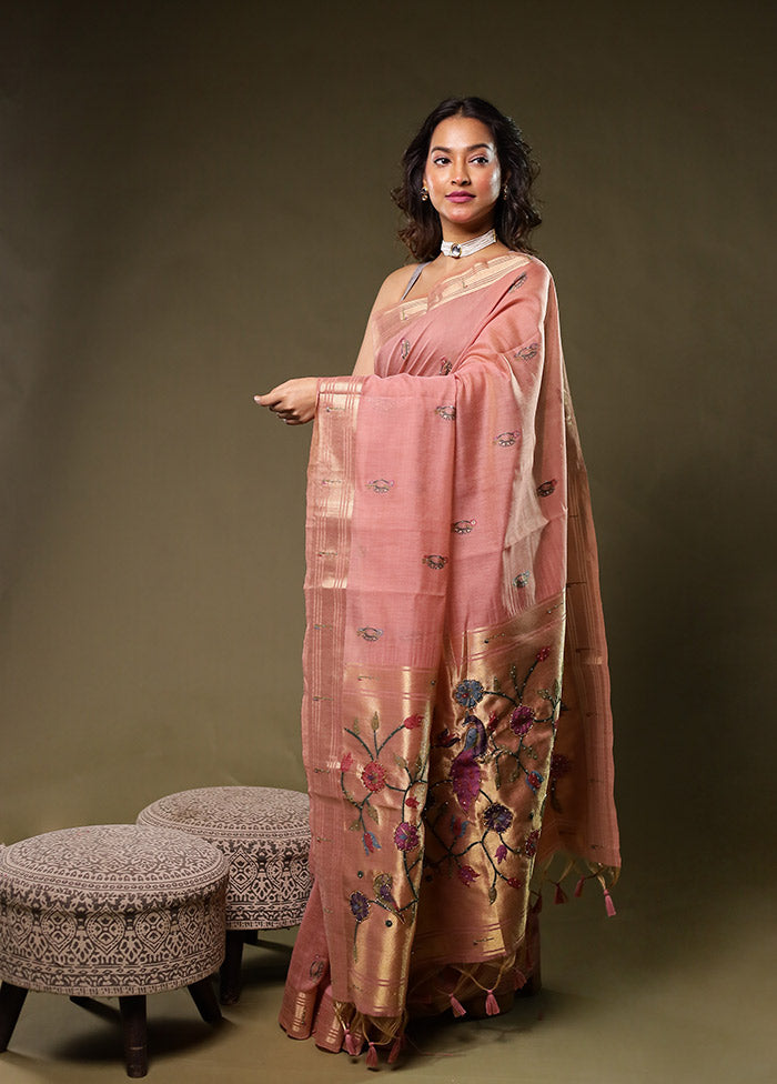 Pink Linen Silk Saree With Blouse Piece