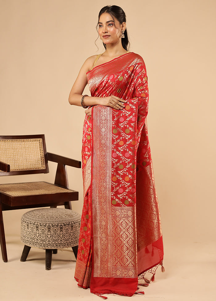 Red Dupion Silk Saree With Blouse Piece