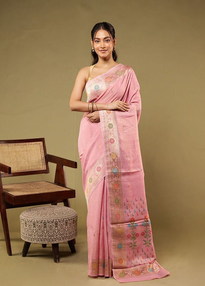 Pink Handloom Dupion Pure Silk Saree With Blouse Piece
