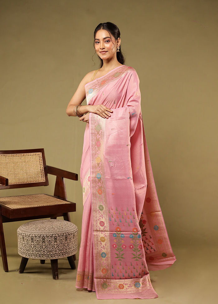 Pink Handloom Dupion Pure Silk Saree With Blouse Piece