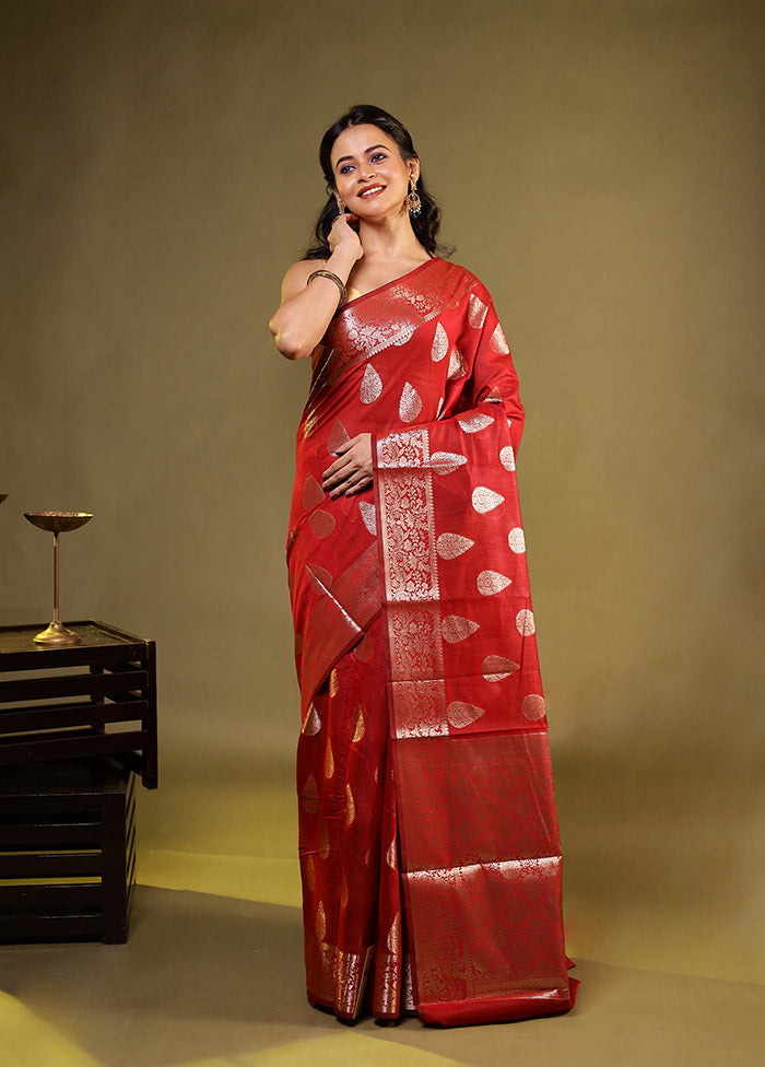 Red Kora Silk Saree With Blouse Piece