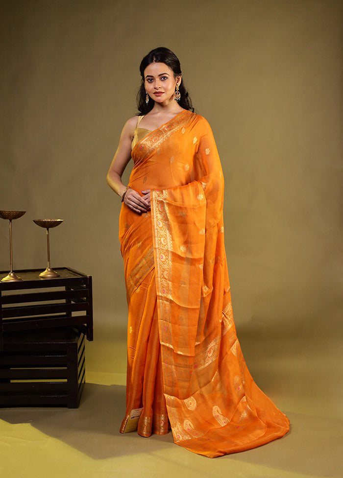 Orange Handloom Pure Georgette Saree With Blouse Piece
