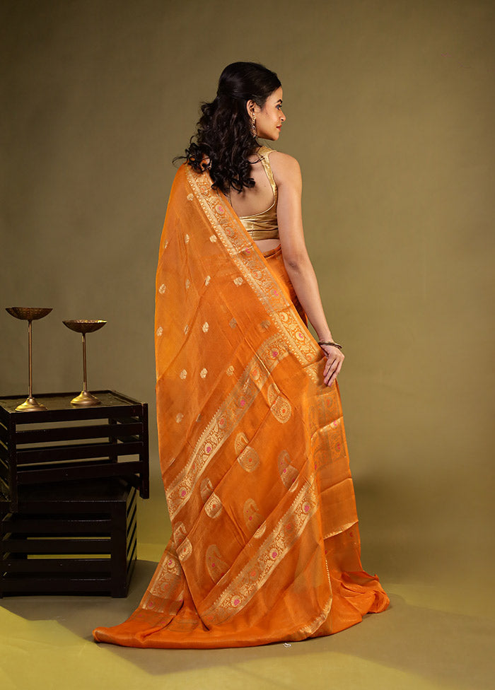 Orange Handloom Pure Georgette Saree With Blouse Piece