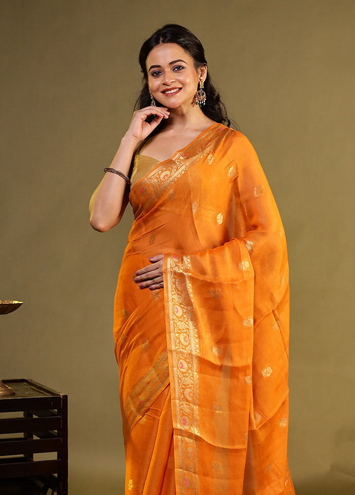 Orange Handloom Pure Georgette Saree With Blouse Piece